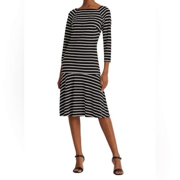 Lauren Ralph Lauren Women's Black White Striped Pleated Drop-Waist Dress Size 6 - Picture 1 of 12